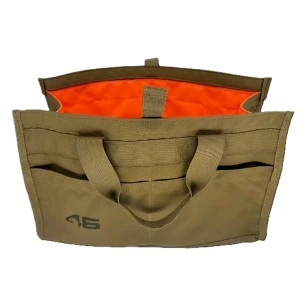 Coyote-colored quick tool bag with high-visibility orange interior, four external pockets, and removable kneeling pad – 11x17x6.5 utility tote