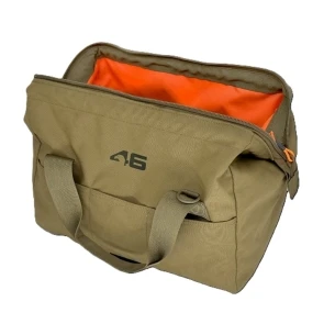 Atlas46 Wide-Mouth Tool Tote in coyote color with reinforced opening, external tool pockets, and padded bottom