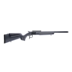 CVA Scout .300 Blackout rifle with blued barrel, grey synthetic stock, and threaded muzzle, featuring a Picatinny rail for optics.