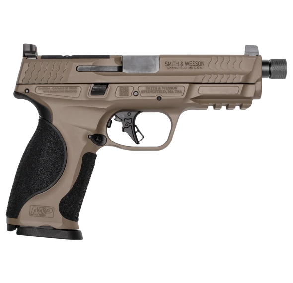 Product hero: Smith & Wesson M&P9 M2.0 Metal OR FDE — full-size 9mm pistol, optics-ready slide, threaded barrel