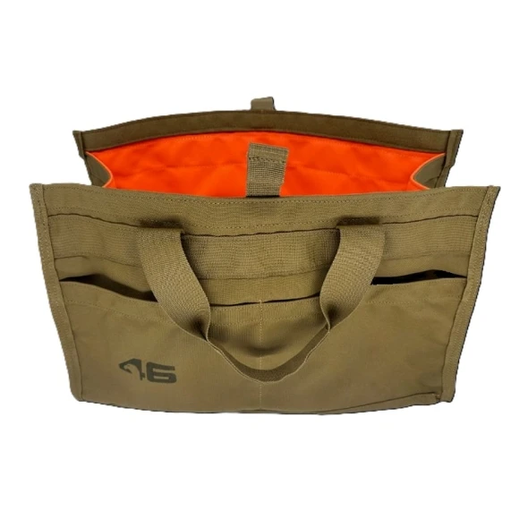 Coyote-colored quick tool bag with high-visibility orange interior, four external pockets, and removable kneeling pad – 11x17x6.5 utility tote