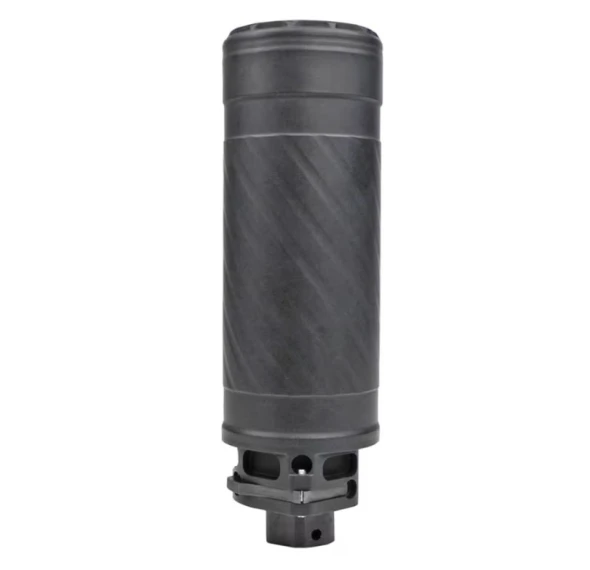 LWRC S‑556 suppressor — 5.125 inch high‑flow quick‑detach suppressor in C‑Series Cerakote finish (side view)